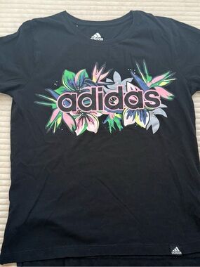 adidas Black Tee with Pink & Multi-Color Floral Logo